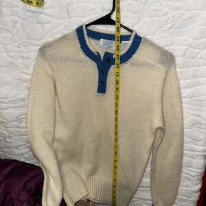 Vintage Northern Isles Wool Blend Henley Sweater Cream Blue Trim